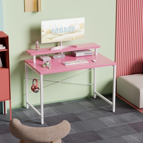 Pamray 32 Inch Small Computer Desk with Monitor Stand, Simple Office Desk with Headphone Hook for Small Spaces, Kids Study Writing Table for Bedroom, Pink - Image 2