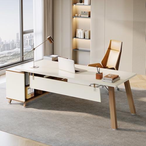 Tribesigns 78.7" L-Shaped Executive Desk, Modern Office Desk with File Drawers & Storage Shelves, Large Computer Desk with 55-Inch Cabinet, Business Workstation for Home Office, Beige & Walnut - Image 6