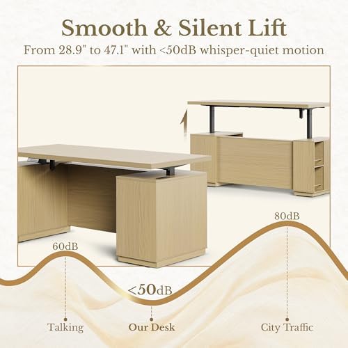 Standing Desk with File Cabinet, 70 Inch L Shaped Electric Height Adjustable Executive Desk with AC/USB and Privacy Panel, Computer Corner Table for Home Office, Light Walnut - Image 3