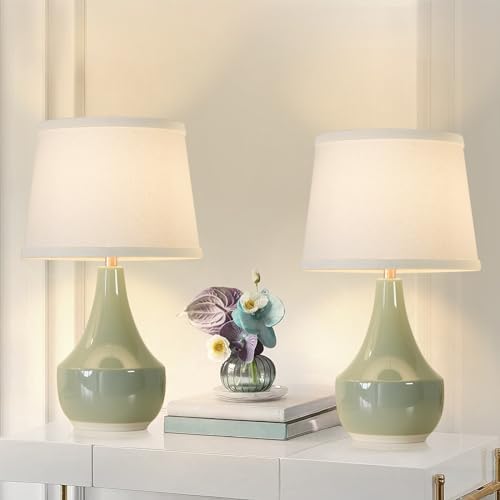 GyroVu 18" Table Lamp Set of 2, Ceramic Table Lamp Classic Beside Lamps Nightstand Lamp Modern Lamp for Living Room, Bedroom & Office Rocker Switch Sage Green-LED Bulbs Included by WelcomeGyroVu