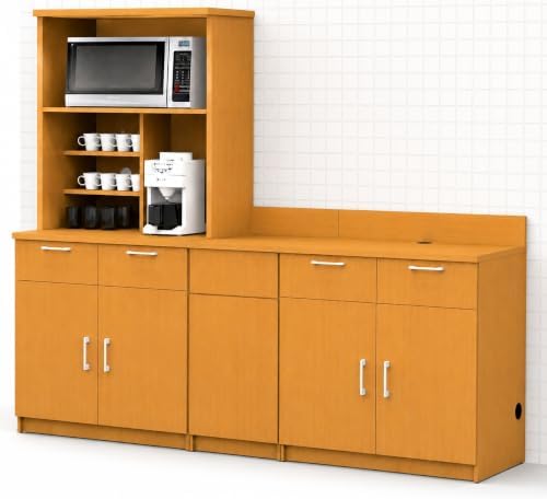 BREAKtime Breakroom Cabinet with 4-Door Storage, Trash Bin Compartment & Upper Hutch, Microwave Space, Fully Assembled, 90" W x 24" D x 75" H, Trash Bin Included, Appliances Not Included, Beech - Image 4