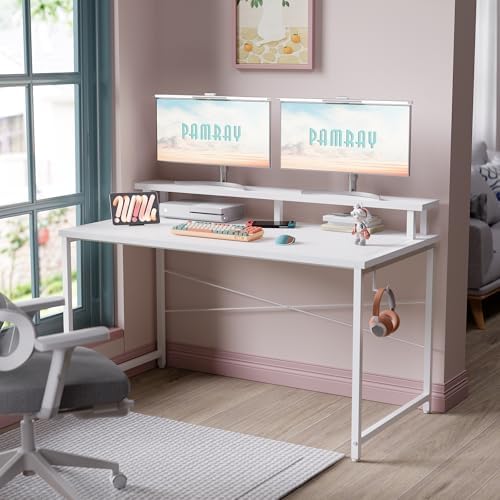 Pamray 47 Inch Small Computer Desk with Monitor Stand, Simple Office Desk with Headphone Hook for Small Spaces, Kids Study Writing Table for Bedroom, White - Image 2