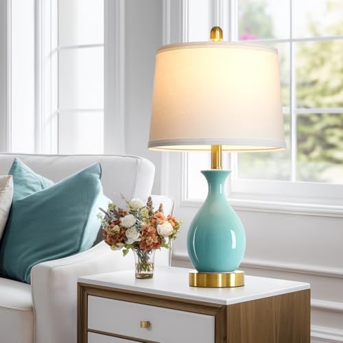 24" Aqua Blue Ceramic Table Lamps Set of 2, Modern Classic Bedside Lamps for Bedroom Nightstand, Small Table Lamp for Living Room End Table (2 LED Bulbs Included) - Image 3