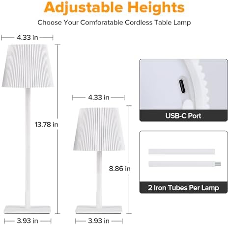 LUTEC 4 Pack Cordless Table Lamp,6000mAh Rechargeable Battery Operated Desk Lamp,Two Adjustable Heights,Waterproof, Touch Control & 3 Color Stepless Dimming for Restaurant/Bedroom/Bars/Outdoor (White) - Image 4