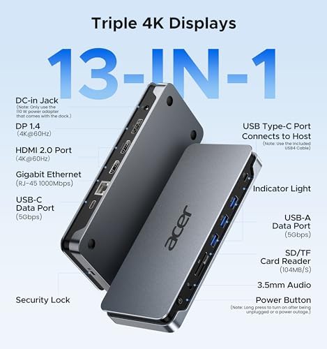 Acer 13-in-1 Laptop Docking Station, USB-C 3 Display Docking (2 HDMI+1 DP) - Image 2
