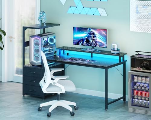 Casaottima 52 Inch Gaming Desk with USB Charging Ports & LED Light - Reversible Computer Desk with 3 Fabric Drawers, Monitor Stand, CPU Stand, Modern Office Desk, Black - Image 4