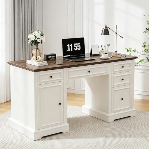 Vipbear 60" Farmhouse Executive Desk with Drawers and Cabinet, Embossed Texture Wood Home Office Desk, Rustic Computer Writing Desk, Workspace for Work Study Writing by VipbearLiving