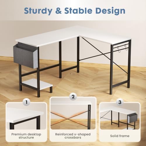 DUMOS L Shaped Computer Corner Desk with PC Stand, White - Image 6