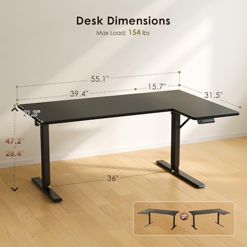 OffiGo 55" Reversible L Shaped Electric Standing Desk, Carbon Fiber Black - Image 3