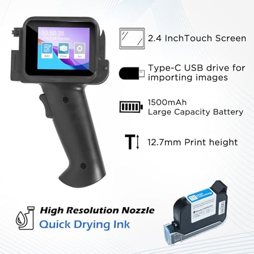Handheld Inkjet Printer with 42ml Quick-Drying Ink Cartridge, 0.5 Inch Nozzle Ink Jet Coding Machine for EXP Date/Batch Number/QR Code/Barcode/Logo/Text (ZM-C12mini) (Black) - Image 5