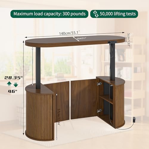 Mid Century Modern Electric Standing Desk with Storage, 55 x 22 Inch Small Sit Stand Up Desk, Wood Adjustable Height Computer Executive Desk for Home Office, Laptop, Walnut - Image 2