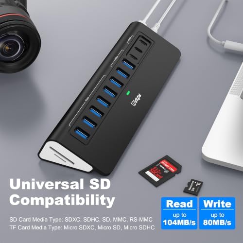 Powered USB Hub 10Gbps, Intpw YH9AC Plus 13-Port USB 3.2 Hub(USB A/USB C 3.2+6 USB-A 3.0+2 PD 45W Fast Charging Ports+SD/TF Card Reader), 65W Power Adapter,Aluminum USB HUB for PC,Laptop,iPhone 17/16 - Image 5
