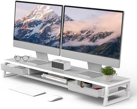 Fenge Dual Monitor Stand Riser, 42.5in Desk Shelf with 2 Drawers, White by Fenge