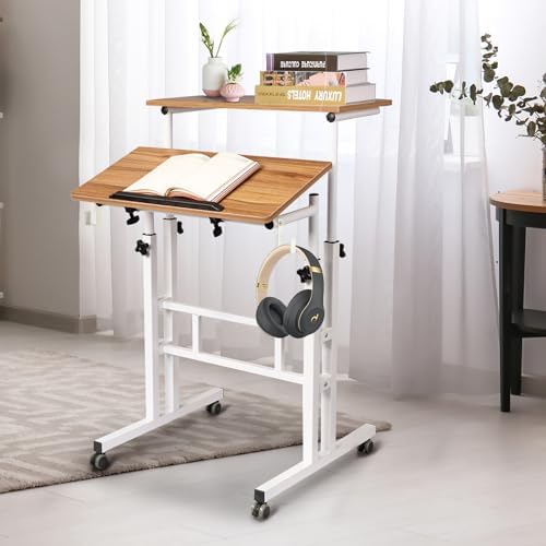 SIDUCAL Small Standing Desk, Portable Stand Up Desk, Height Adjustable Mobile Standing Table Converter with Wheels Computer Workstations, Rolling Laptop Cart for Stand or Sit, Vintage Oak - Image 2