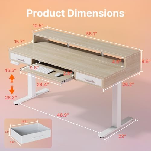 HUANUO 55″ x 26″ Electric Standing Desk with 2 Drawers &24.4″ Large Keyboard Tray, C-Clamp Mount Compatible, Adjustable Computer Desk for Office, Sit Stand Up Desk with 4 Height Presets, Light Walnut - Image 2