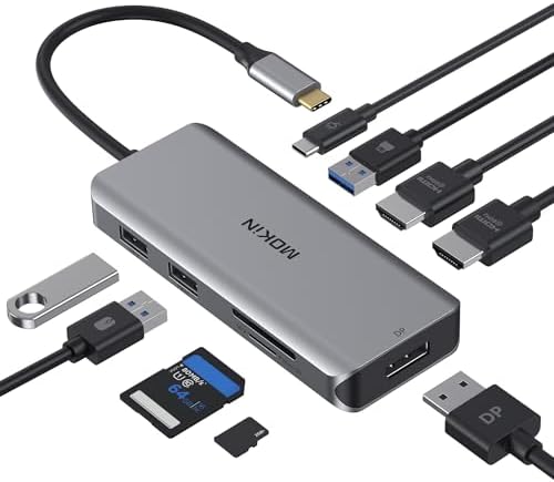 Docking Station, USB C Adapter, 9 in 1 Triple Display Multiport Dongle with 2 HDMI 4K, DisplayPort, 3 USB, 100W PD, SD/TF Card Reader for MacBook Pro Air Type C Laptops by MOKiN