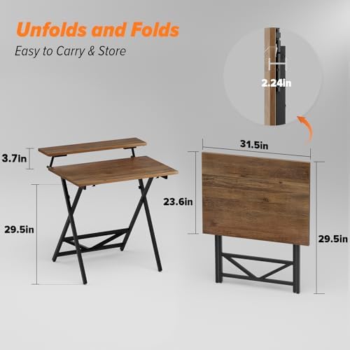 WOHOMO Folding Computer Desk with Monitor Stand, Adjustable Height, Walnut - Image 2
