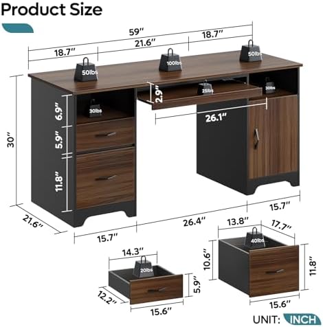 Bestier 59" Office Desk with File Drawer, Keyboard Tray & 2 Drawers, Cherry - Image 3