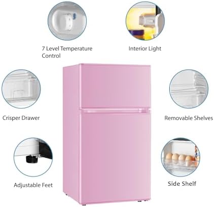 Saeoola Mini Fridge with Freezer, 3.2 Cu.Ft, 2 Doors Compact Mini Refrigerator with Separate Freezer for Dorm, Bedroom, Office, Apartment with 7-Level Temperature Control, Removable Shelves (Pink) - Image 4