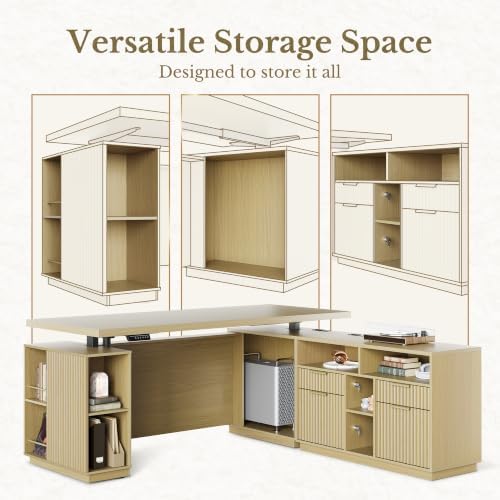 Standing Desk with File Cabinet, 70 Inch L Shaped Electric Height Adjustable Executive Desk with AC/USB and Privacy Panel, Computer Corner Table for Home Office, Light Walnut - Image 5