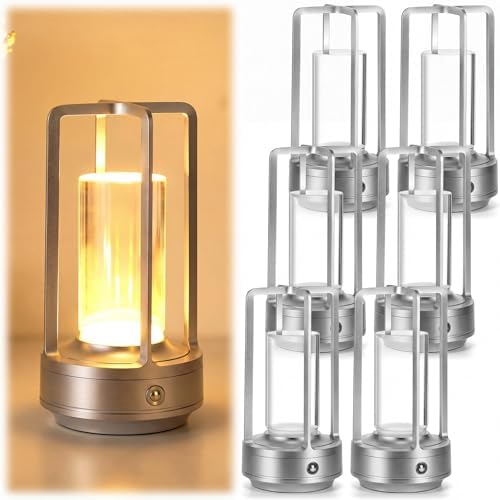 6 Pack Portable Metal Table Lamp LED Rechargeable Cordless Table Light Battery Operated Desk Touch Lamp 3 Color Stepless Dimming Light for Home Outdoor Camp Patio Bar Restaurant (Silver) by Unknown
