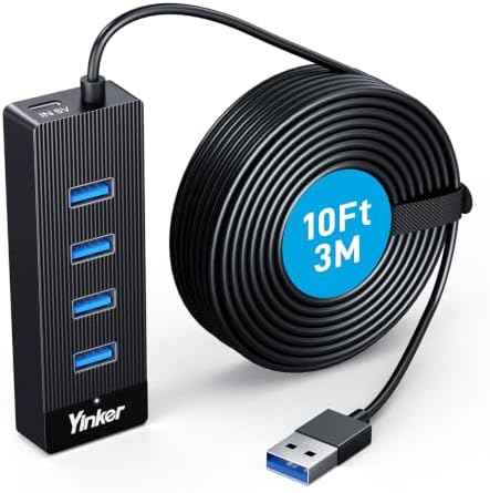 10FT 4‑Port USB 3.0 Hub Long Cable, 5Gbps High Speed USB Extender with USB‑C Power in Port (5V/2A), USB Extension Cable Multiport Adapter for PC, Laptop, Desktop, Keyboard, Mouse, Flash Drive by Yinker
