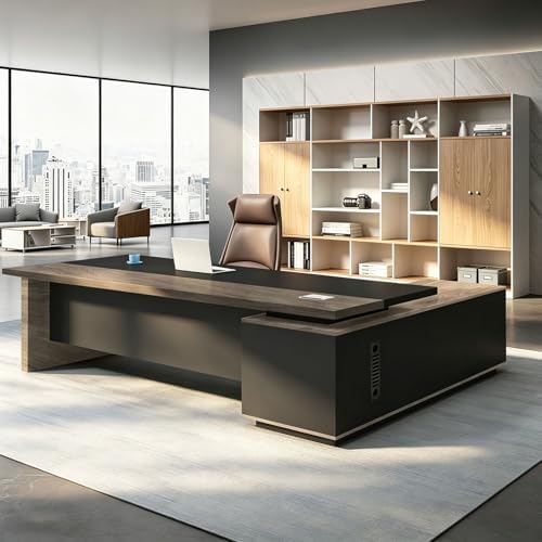 L Shaped Executive Desk with Drawers, Large Office Desk with Storage Cabinet, Wood L Shape Desk for Home Office or Business Workspace, Left or Right Cabinet Option, Multiple Sizes & Colors by Unknown