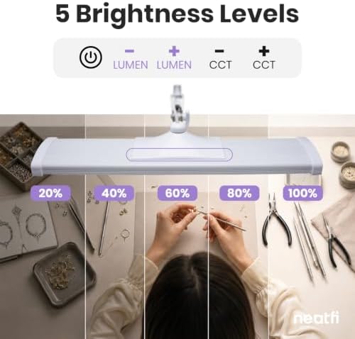 Neatfi Pro LED Desk Lamp with Clamp | 2,300 Lumens | CRI 95 | 30W Dimmable | Adjustable Color Modes | 360 LED Beads | Adjustable Arm for Home Office & Workbench (White-6, 24-Inch Wide Shade) - Image 4