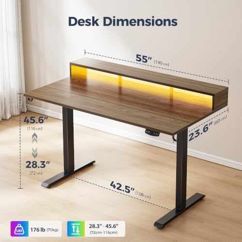 Klicelor Electric Standing Desk with Shelf, 55 Inch Height Adjustable Desk with Power Outlets & LED, Sit Stand Up Table with Monitor Stand, Computer Workstation for Home Office, Dark Walnut - Image 3