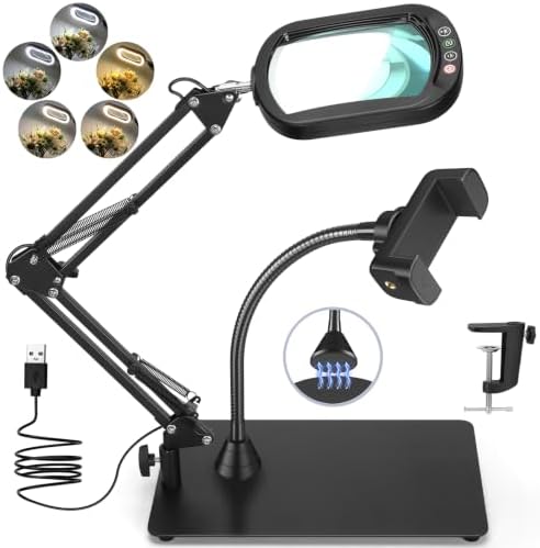 12X Square Magnifying Glass with Light and Stand, Real Glass LED Lighted Magnifier and Phone Holder, 5 Color Modes Stepless Dimmable, Hands-Free Desk Lamp for Craft Hobby Close Work Black and Holder by Drdefi