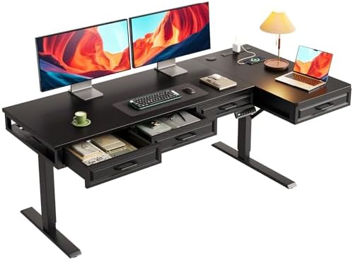 OffiGo 63 Inch L Shaped Standing Desk with 4 Wooden Drawers, Black by OfficeGo-ForHomeOfficeWork