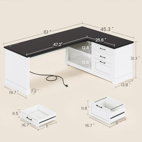 SEDETA Farmhouse 61" Executive L Shaped Desk with Drawers for Home Office - Image 2