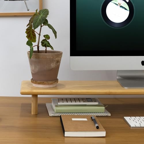 Bamboo Dual Monitor Stand Riser, Natural Desk Shelf with Storage - Image 4