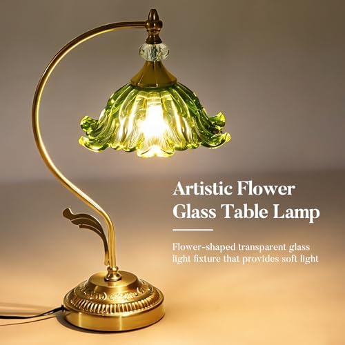 Vintage Floral Table Lamp, Plug in Mid-Century Modern Desk Lamp with Green Glass Shade, Gold Bedside Table Lamp Dimmable for Bedroom Living Room Home Office, E26 Base, UL Listed - Image 5