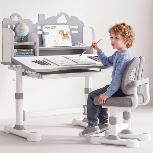Kids Desk and Chair Set for Ages 3-12 - Tilting Study Desk (Grey) by Unknown