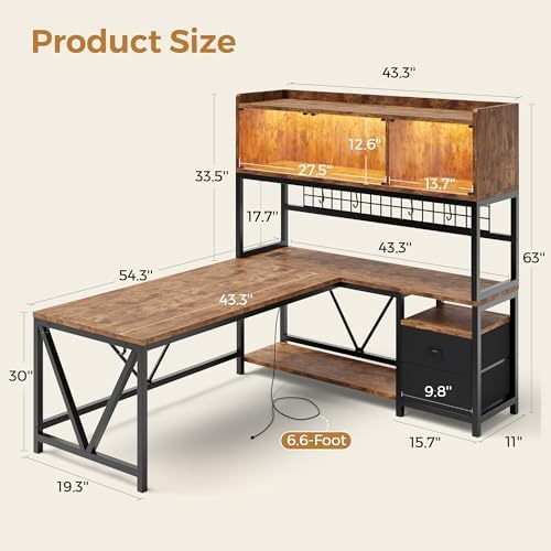 L Shaped Gaming Desk with Drawers, Corner Computer Desk with LED Tempered Glass Display Cabinet, Shaped L Office Desk with Charging Station and Fabric Drawer, PC Desk for Gaming and Office, Brown - Image 2