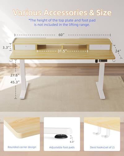 YIHAYO Electric Standing Desk with Drawers, 60 x 24 Inches Adjustable Desk with Storage Shelf, Computer Table with Splice Board for Home Office, White Frame/Natural Top - Image 3