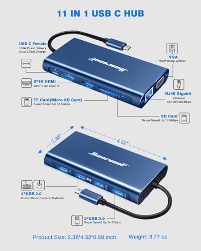 Hiearcool USB C Docking Station, 11-in-1 Dock, HDMI, VGA, Ethernet, Blue - Image 2