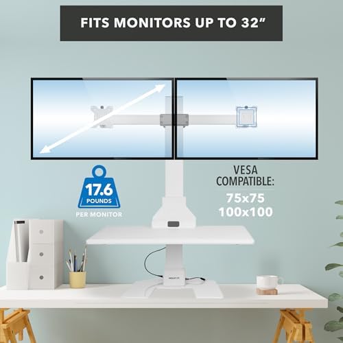 Mount-It! Electric Standing Desk Converter, Motorized Sit Stand Desk Riser with Dual Monitor Mounts, Adjustable Height Ergonomic Workstation with 28” Wide Platform and Tablet/Phone Slot, White - Image 6