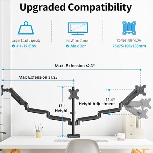 MOUNTUP Triple Monitor Mount for 17-32 inch Screens, Full Motion Triple Monitor Stand, 3 Monitors Desk Mount Holds 4.4-19.8 lbs Each, Clamp & Grommet Mounting, Black - Image 3