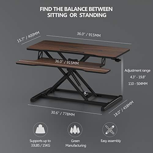 FITUEYES Height Adjustable Standing Desk 36” Wide Sit to Stand Converter Stand Up Desk Tabletop Workstation for Laptops Dual Monitor Riser Brown SD309102WE - Image 4