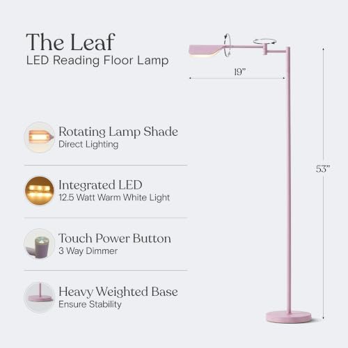 Brightech Leaf Pharmacy LED Reading Lamp, Dimmable Floor Lamp with Easy Rotation Over Chair or Desk for Living Rooms & Offices, Adjustable Standing Tall Lamp, for Sewing & Crafts - Matte Pink - Image 6