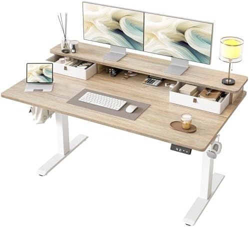 TIQLAB Standing Desk with Two Drawers, Stand Up Standing Desk Adjustable Height, Electric Sit Stand Table with Storage Shelf and Splice Board, 55 * 28 inch, Maple by TIQLAB