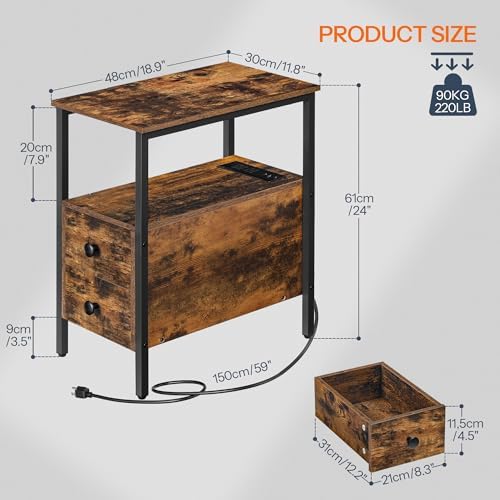 HOOBRO End Table with Charging Station, Narrow Side Table with 2 Drawer & USB Ports & Power Outlets, Nightstand for Small Spaces, for Living Room, Bedroom, Rustic Brown and Black BF541BZ01 - Image 3