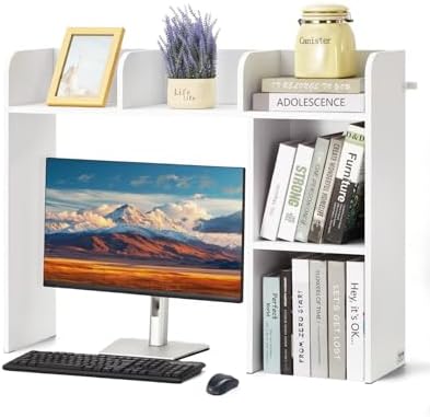 VEVOR Wood Desk Shelf, Desktop Bookshelf, Desk Storage Hutch with 6 Shelves, Office Countertop Organizer 3-Tier Display Rack, with Anti-Slip Feet Pads, for Office, Home & Dorm, White by VEVOR