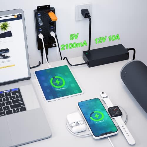 USB 3 0 Hub - 10 Ports Powered USB Hub - Charging & High-Speed Data Transfer USB Expander Hub - up to 5Gbps High-Speed USB Splitter - Aluminum Alloy Multiple USB Port Hub for Laptop Phone Tablet PC - Image 4