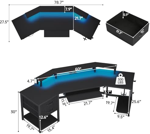 SEDETA 79" Gaming Desk with Fabric Drawers Storage, LED Light & Power Strip - Image 2