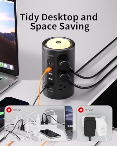 Power Strip with Night Light, Extension Cord with Multiple Outlets (12AC+3A+2C), 10 FT Desk Power Strip Tower Charging Station for Home, Office, College Dorm Essentials - Image 5