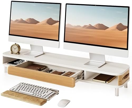 Fenge Dual Monitor Stand with Large Storage Drawer, 42.5" Desk Shelf, White by Fenge