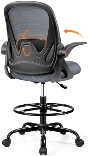 Drafting Chair Tall Office Chair with Flip-up Armrests, Adjustable Height, Enhanced Lumbar Support Ergonomic Rolling Stool, Back Support, Adjustable Foot Rest Ring for Standing Desk Dark Gray by Primy